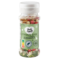 Aldi S&uuml;d  BACK FAMILY Streusel-Liebe Premium 60 g, gr&uuml;n/rot